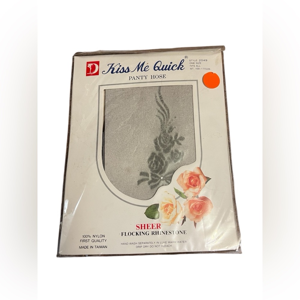 Vintage Kiss Me Quick Panty Hose Sheer Flocking Rhinestone Gray Silver 2049 NOS